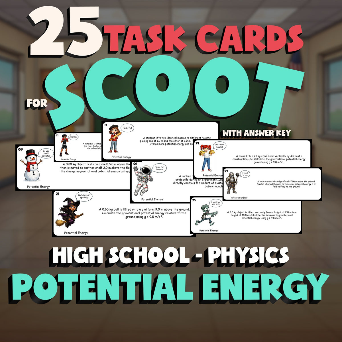Potential Energy SCOOT TASK CARDS Science Game - No Prep Physics Review Activity