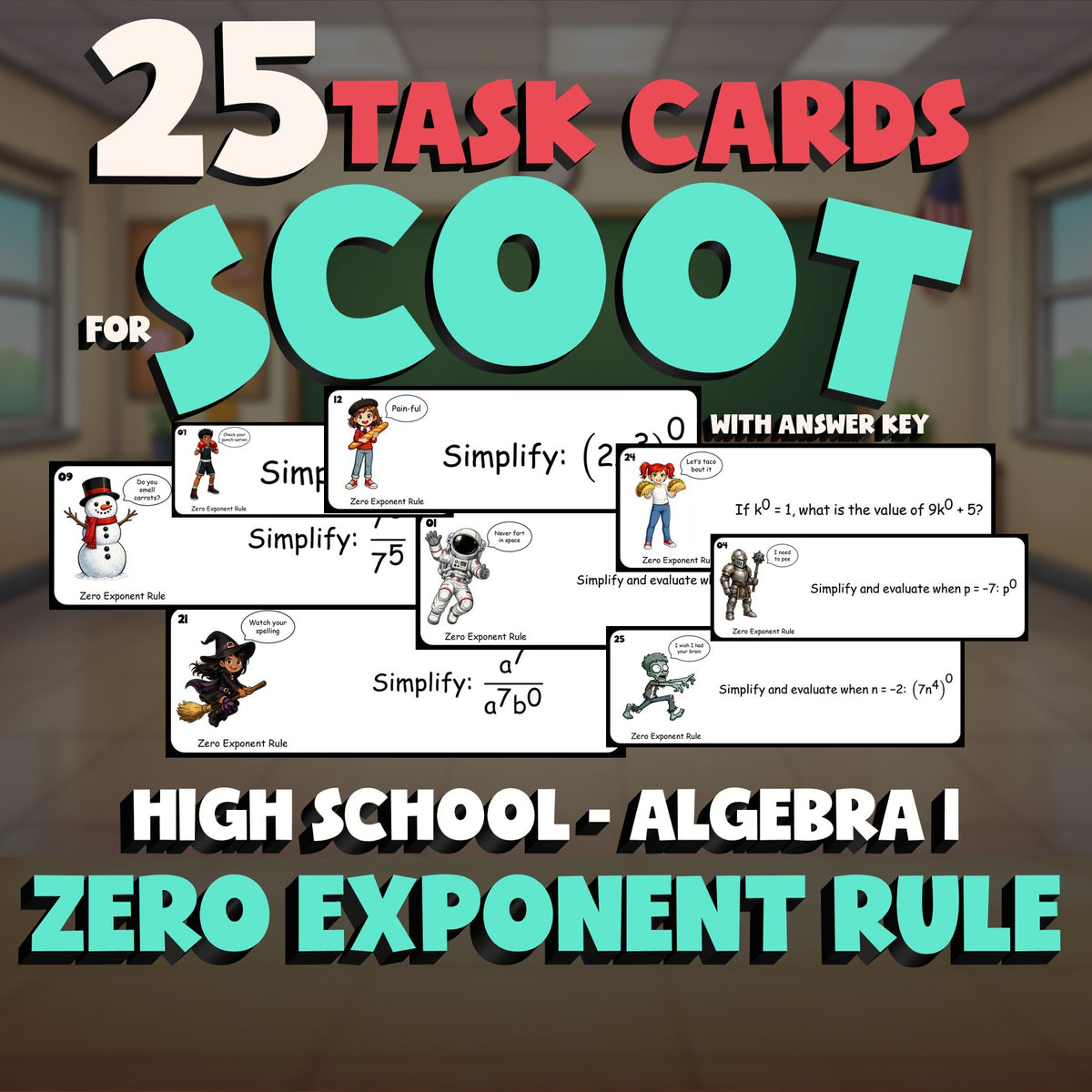 Zero Exponent Rule SCOOT TASK CARDS Math Game - No Prep Algebra 1 Review