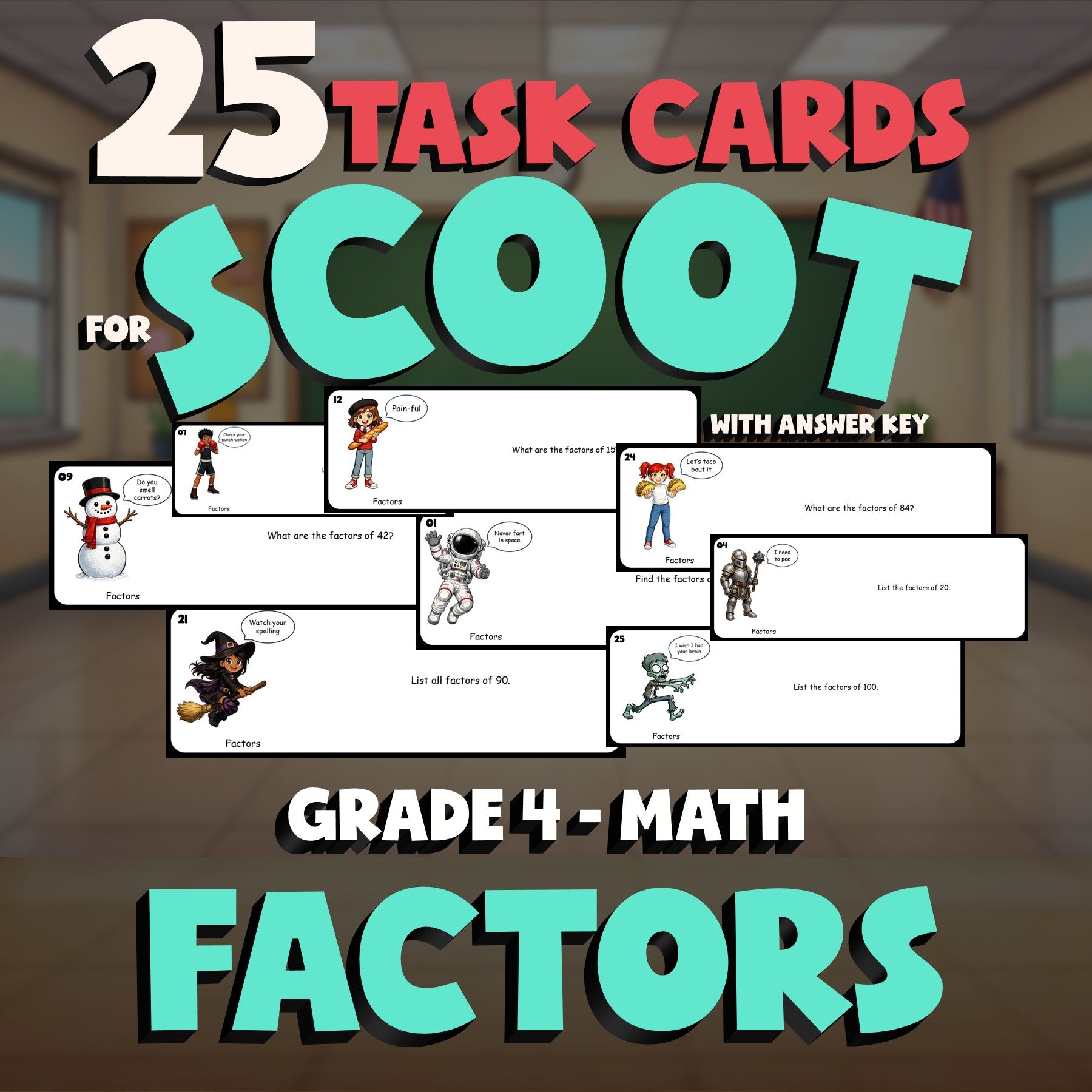 Factors SCOOT TASK CARDS Math Game - No Prep Grade 4 Review Activity