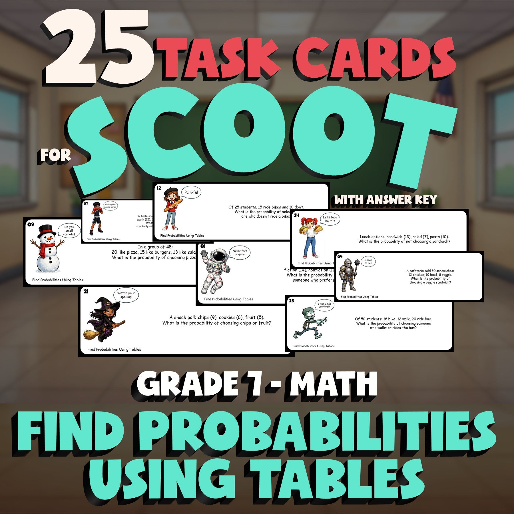 Find Probabilities Using Tables SCOOT TASK CARDS Math Game - No Prep Grade 7