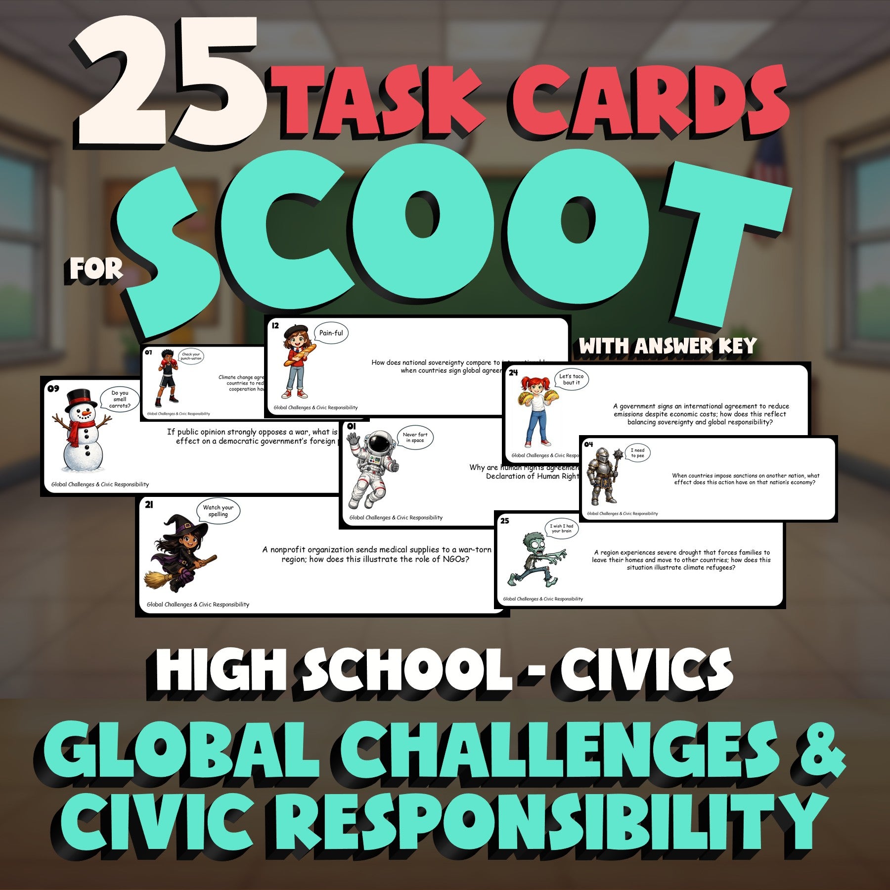 Global Challenges & Civic Responsibility SCOOT TASK CARDS Civics Game - No Prep