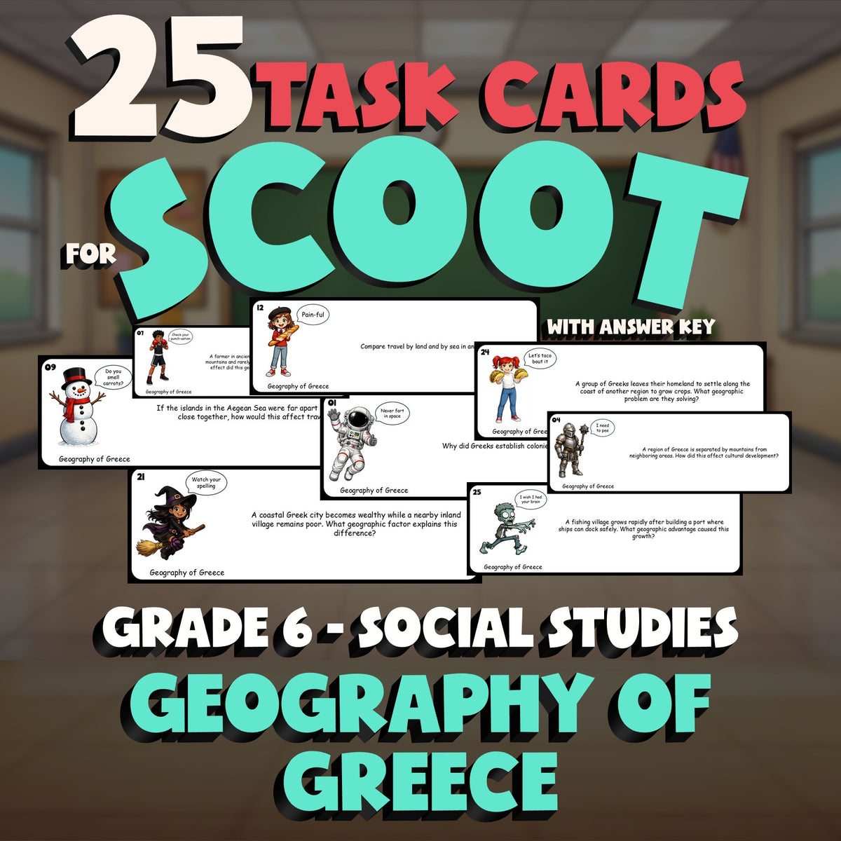 Geography of Greece SCOOT TASK CARDS Socials Game - No Prep Grade 6 Review