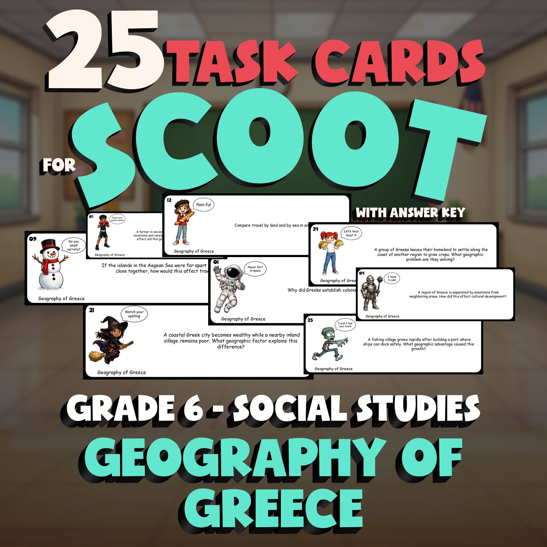 Geography of Greece SCOOT TASK CARDS Socials Game - No Prep Grade 6 Review