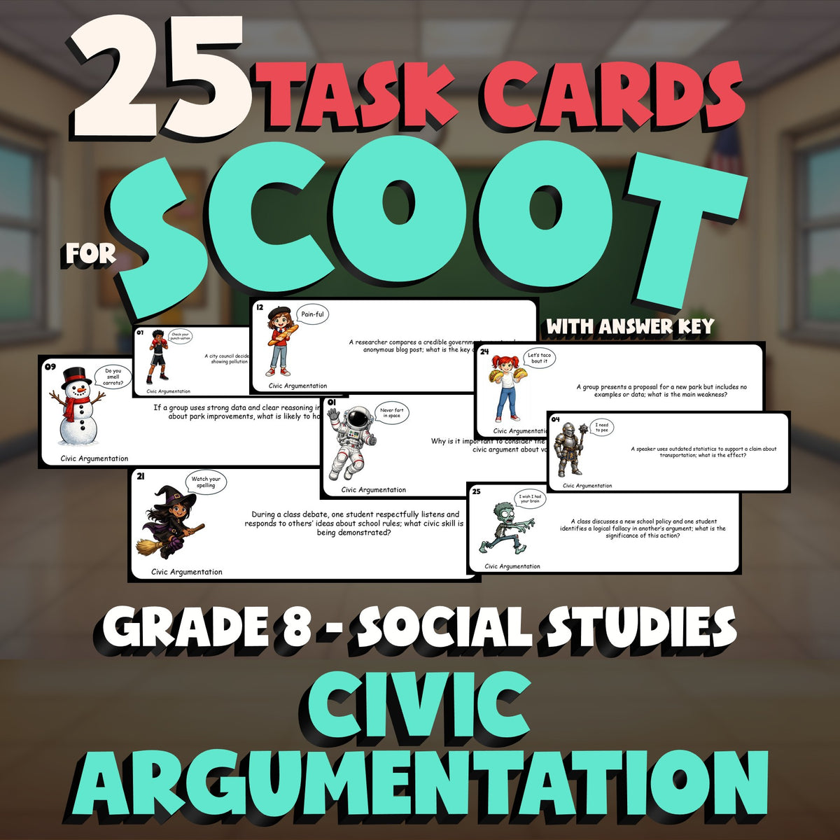 Civic Argumentation SCOOT TASK CARDS Socials Game - No Prep Grade 8 Review