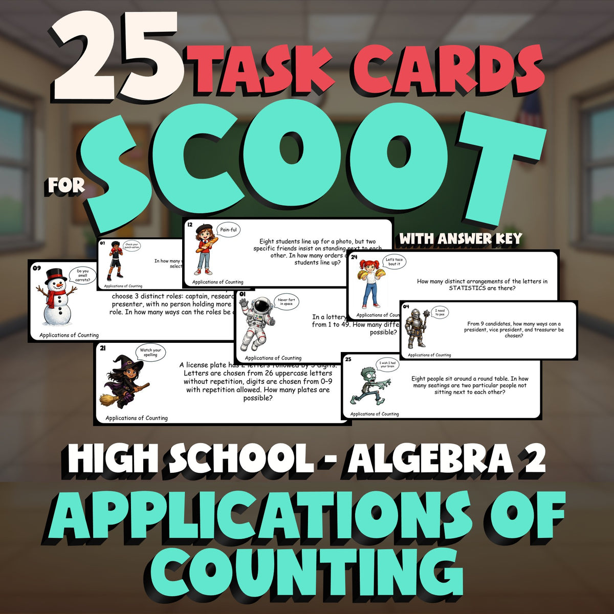 Applications of Counting SCOOT TASK CARDS Math Game - No Prep Algebra 2 Review