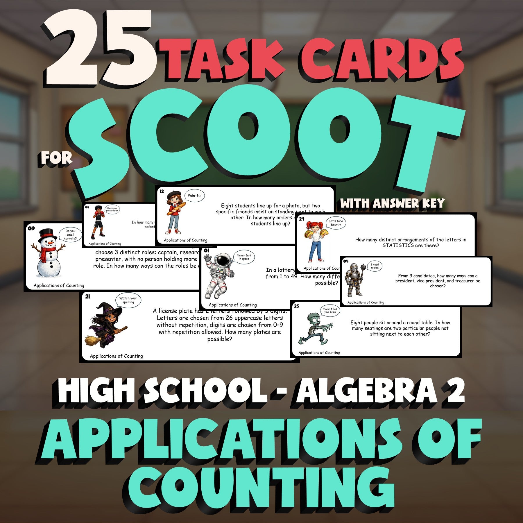 Applications of Counting SCOOT TASK CARDS Math Game - No Prep Algebra 2 Review