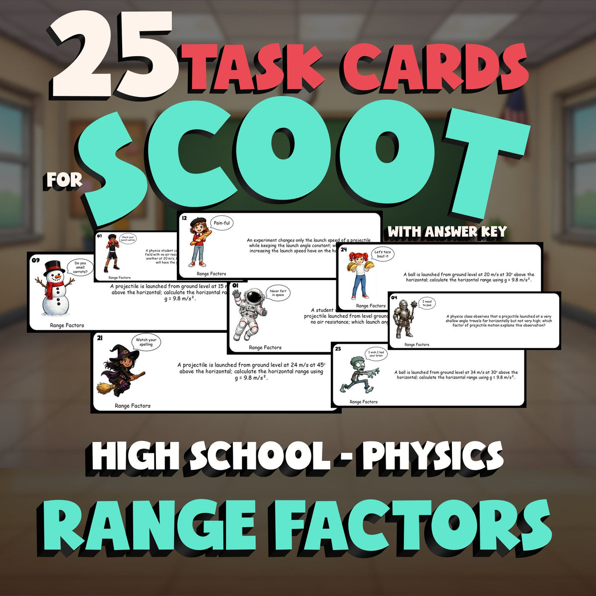 Range Factors SCOOT TASK CARDS Science Game - No Prep Physics Review Activity