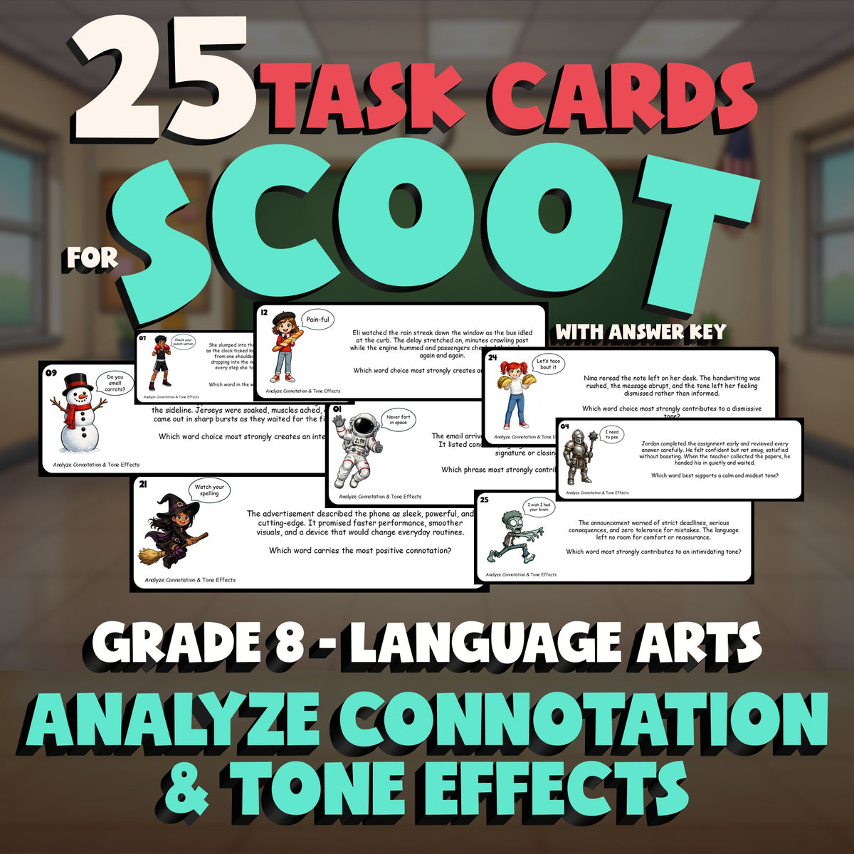 Analyze Connotation & Tone Effects SCOOT TASK CARDS ELA Game - No Prep Grade 8