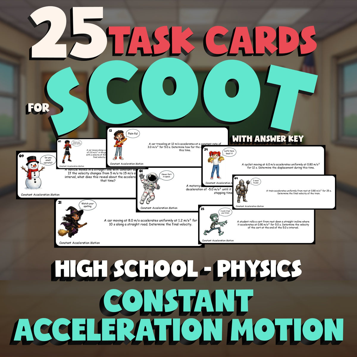 Constant Acceleration Motion SCOOT TASK CARDS Science Game - No Prep Physics