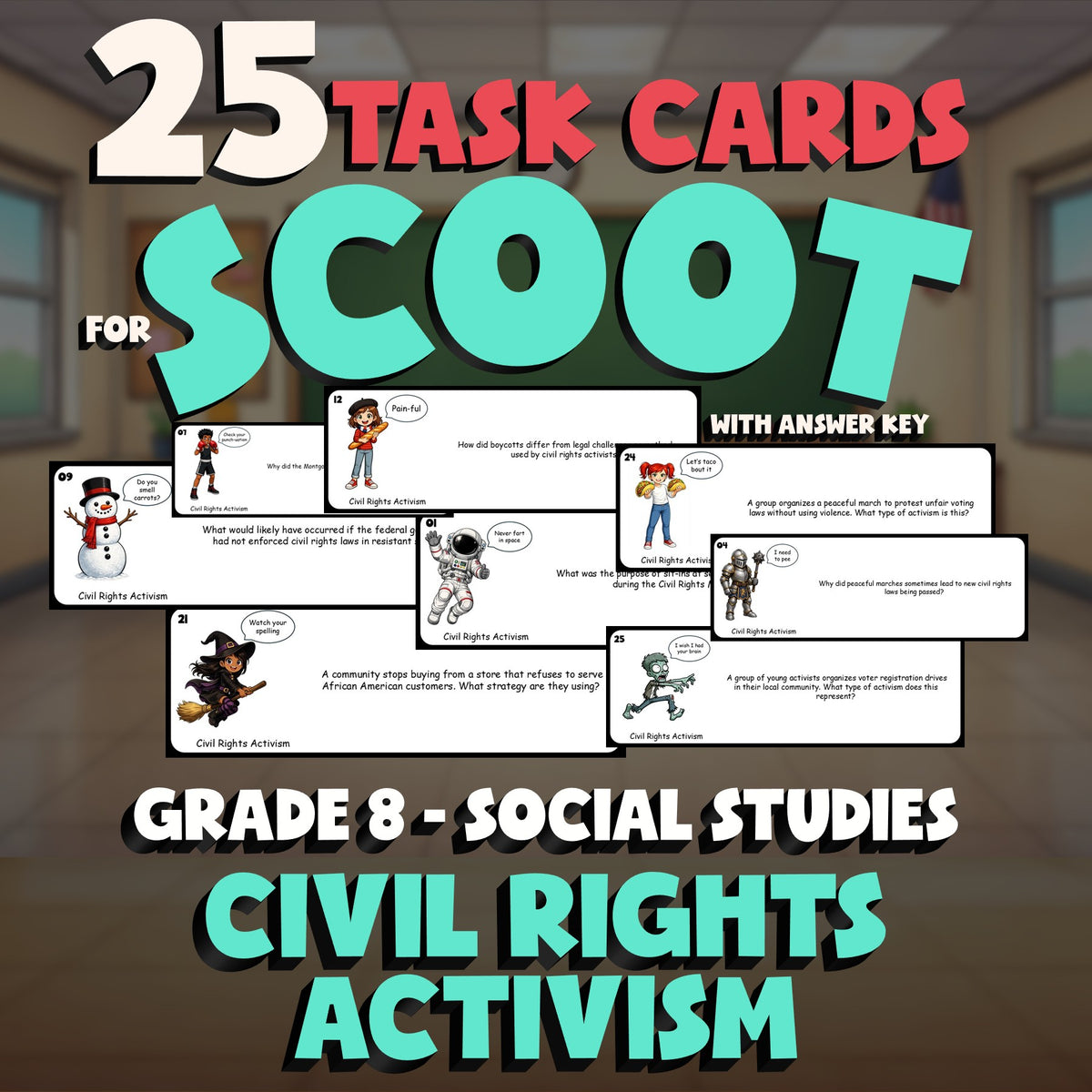 Civil Rights Activism SCOOT TASK CARDS Socials Game - No Prep Grade 8 Review