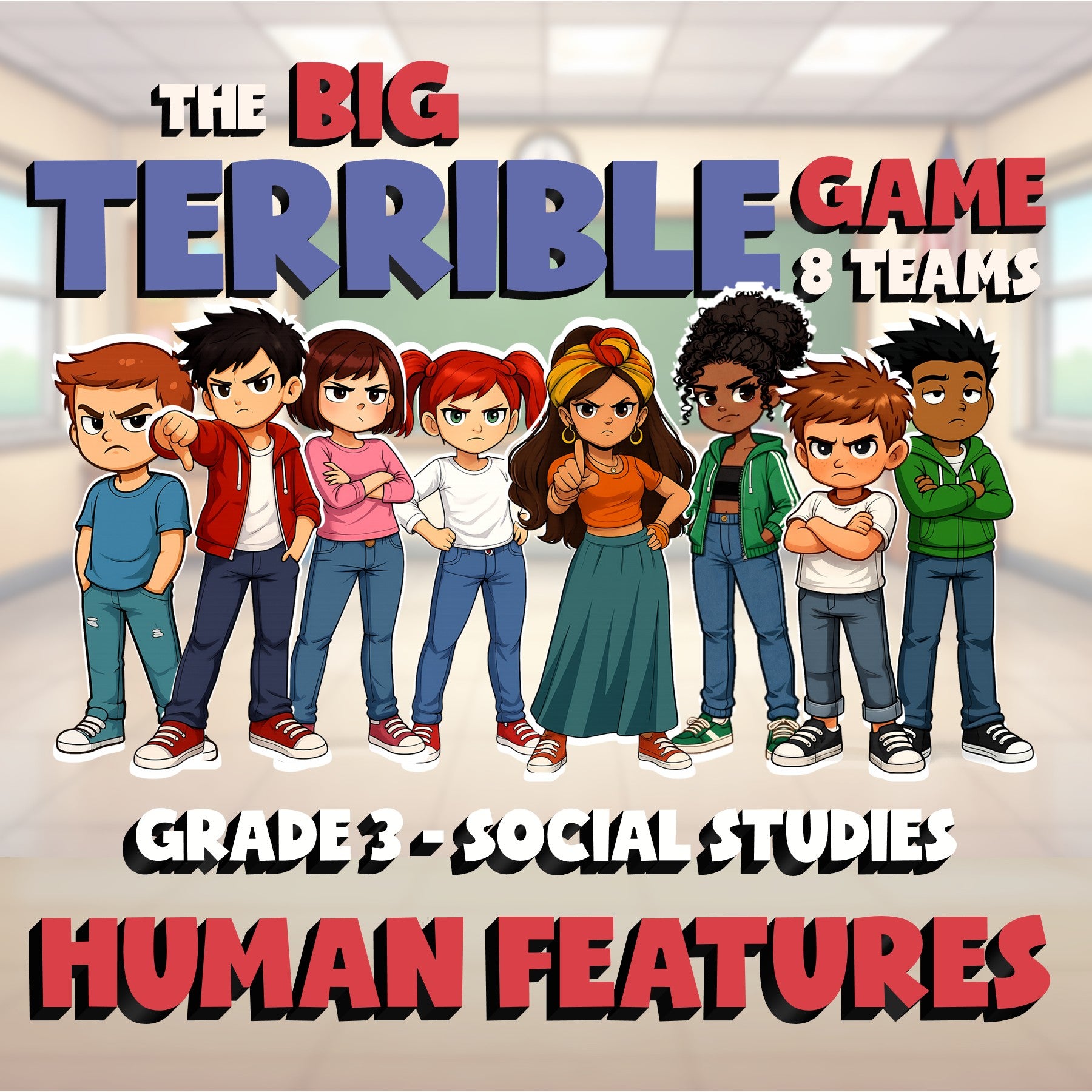 Human Features BIG TERRIBLE GAME - No Prep Grade 3 Socials Review Activity
