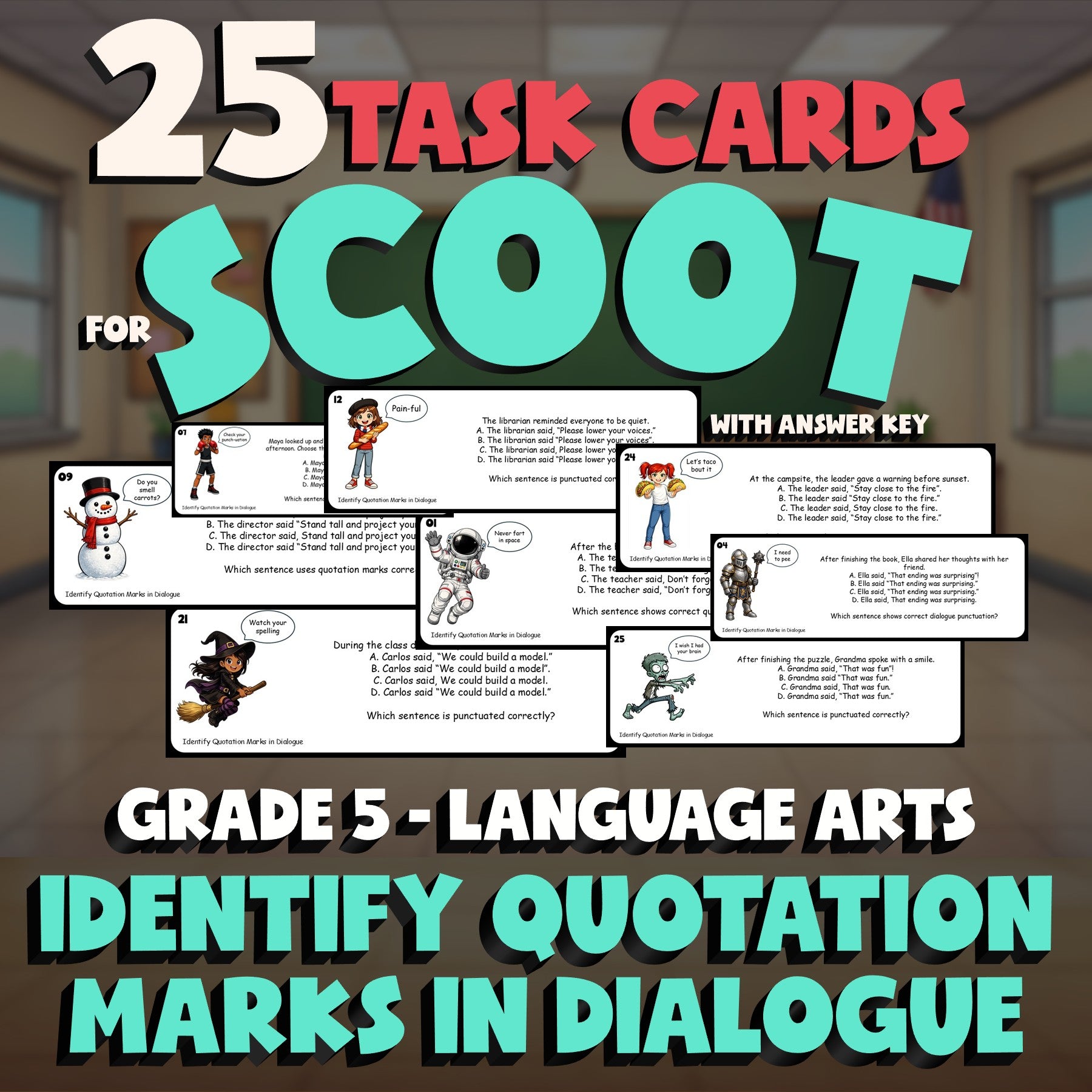 Identify Quotation Marks in Dialogue SCOOT TASK CARDS ELA Game - No Prep Grade 5