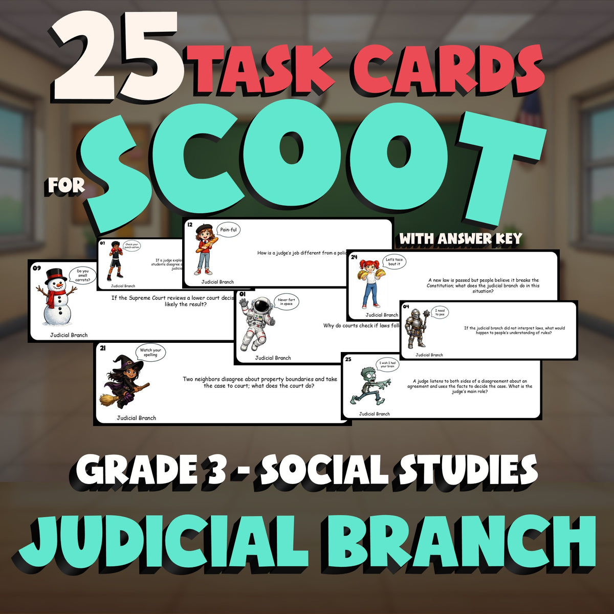 Judicial Branch SCOOT TASK CARDS Socials Game - No Prep Grade 3 Review Activity
