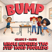 Whole Numbers Two Step Word Problems BUMP Math Game - No Prep Grade 5 Review