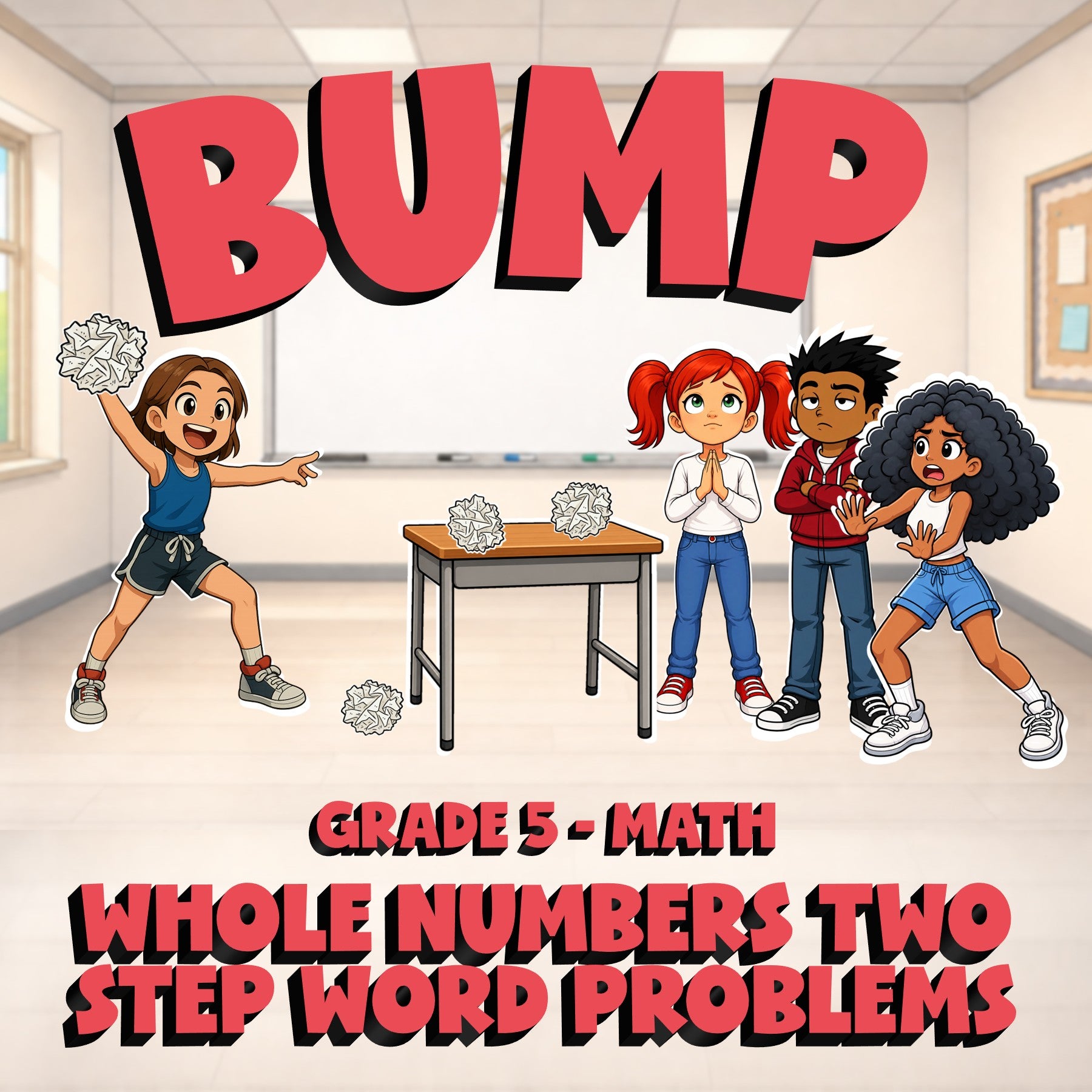 Whole Numbers Two Step Word Problems BUMP Math Game - No Prep Grade 5 Review