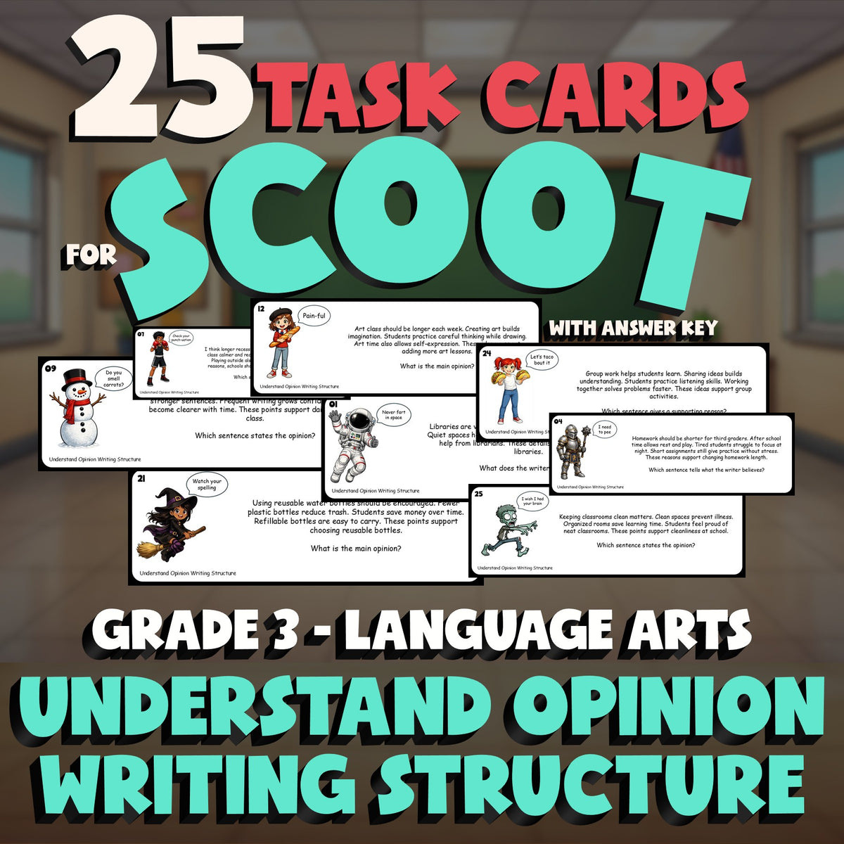 Understand Opinion Writing Structure SCOOT TASK CARDS ELA Game - No Prep Grade 3