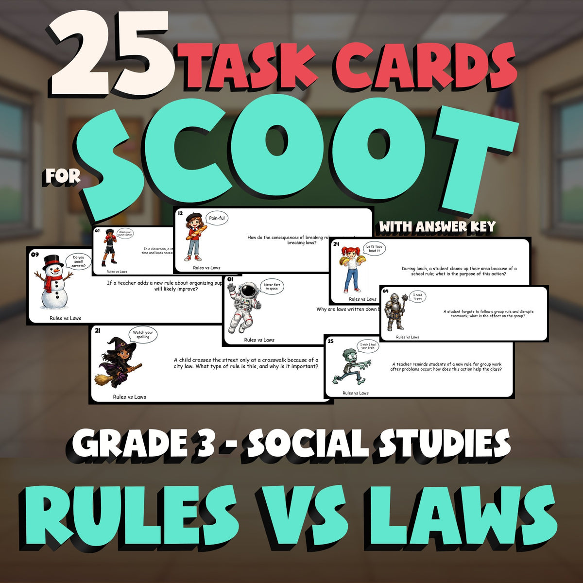 Rules vs Laws SCOOT TASK CARDS Socials Game - No Prep Grade 3 Review Activity