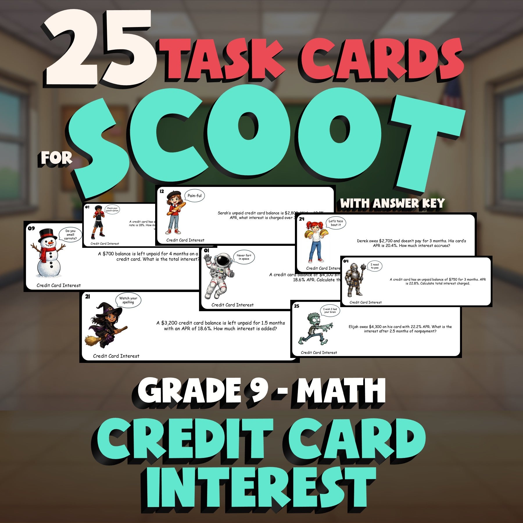 Credit Card Interest SCOOT TASK CARDS Math Game - No Prep Grade 9 Review