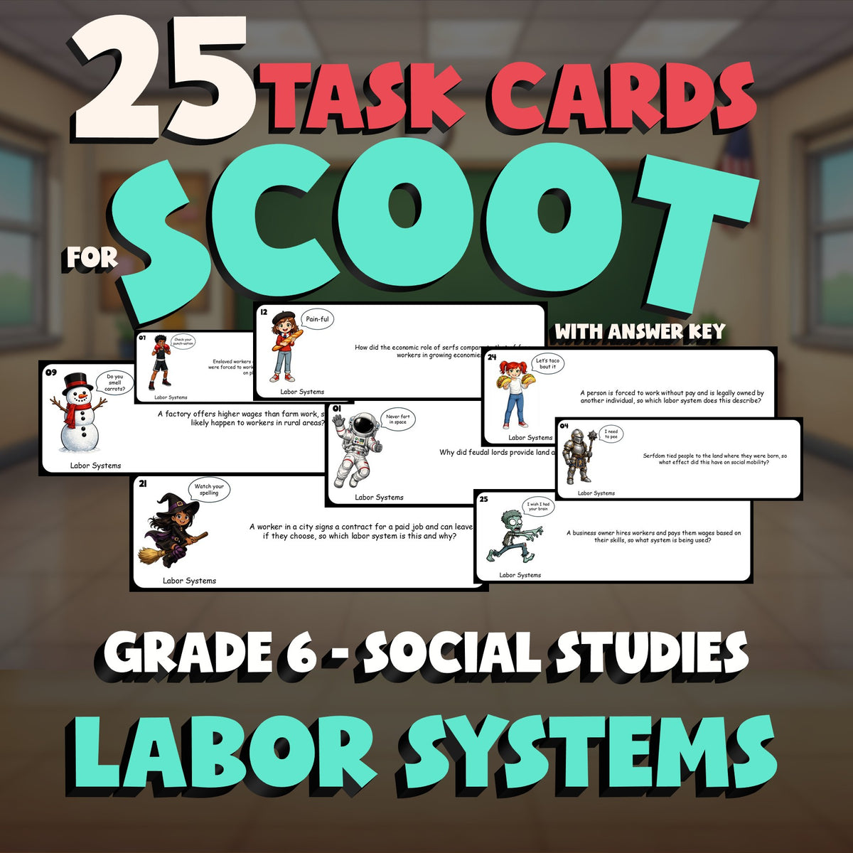Labor Systems SCOOT TASK CARDS Socials Game - No Prep Grade 6 Review Activity
