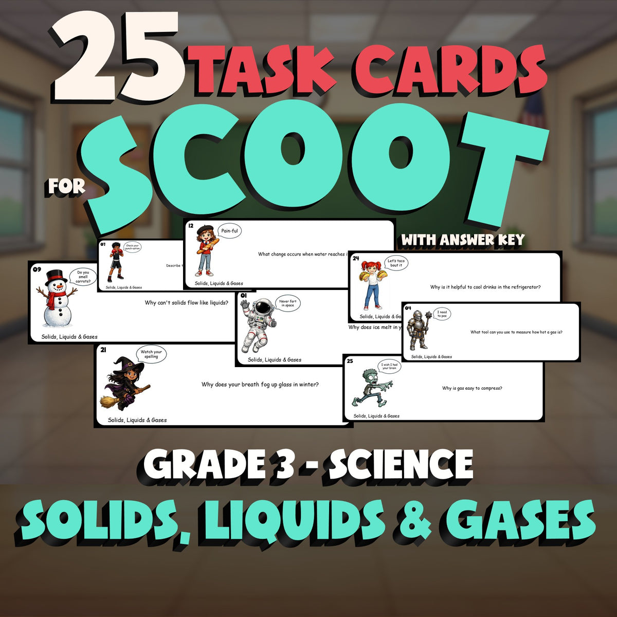 Solids, Liquids & Gases SCOOT TASK CARDS Science Game - No Prep Grade 3 Review