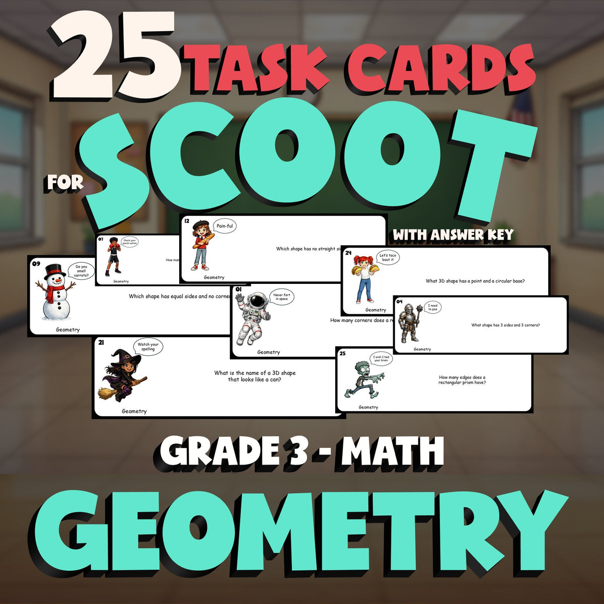 Geometry SCOOT TASK CARDS Math Game - No Prep Grade 3 Review Activity