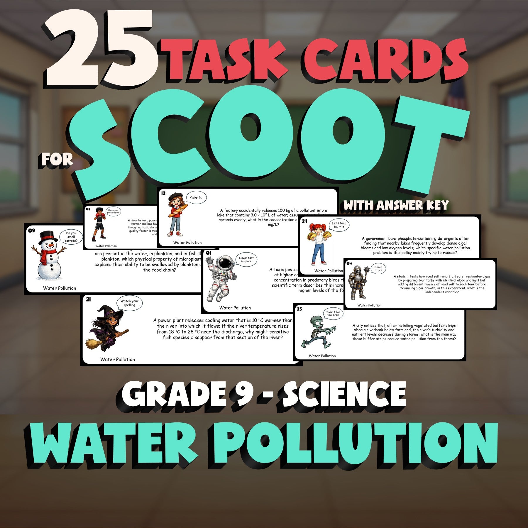 Water Pollution SCOOT TASK CARDS Science Game - No Prep Grade 9 Review Activity