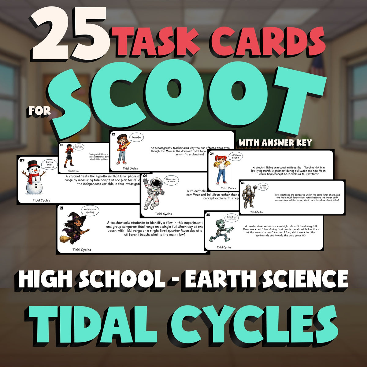 Tidal Cycles SCOOT TASK CARDS Game - No Prep Earth Science Review Activity