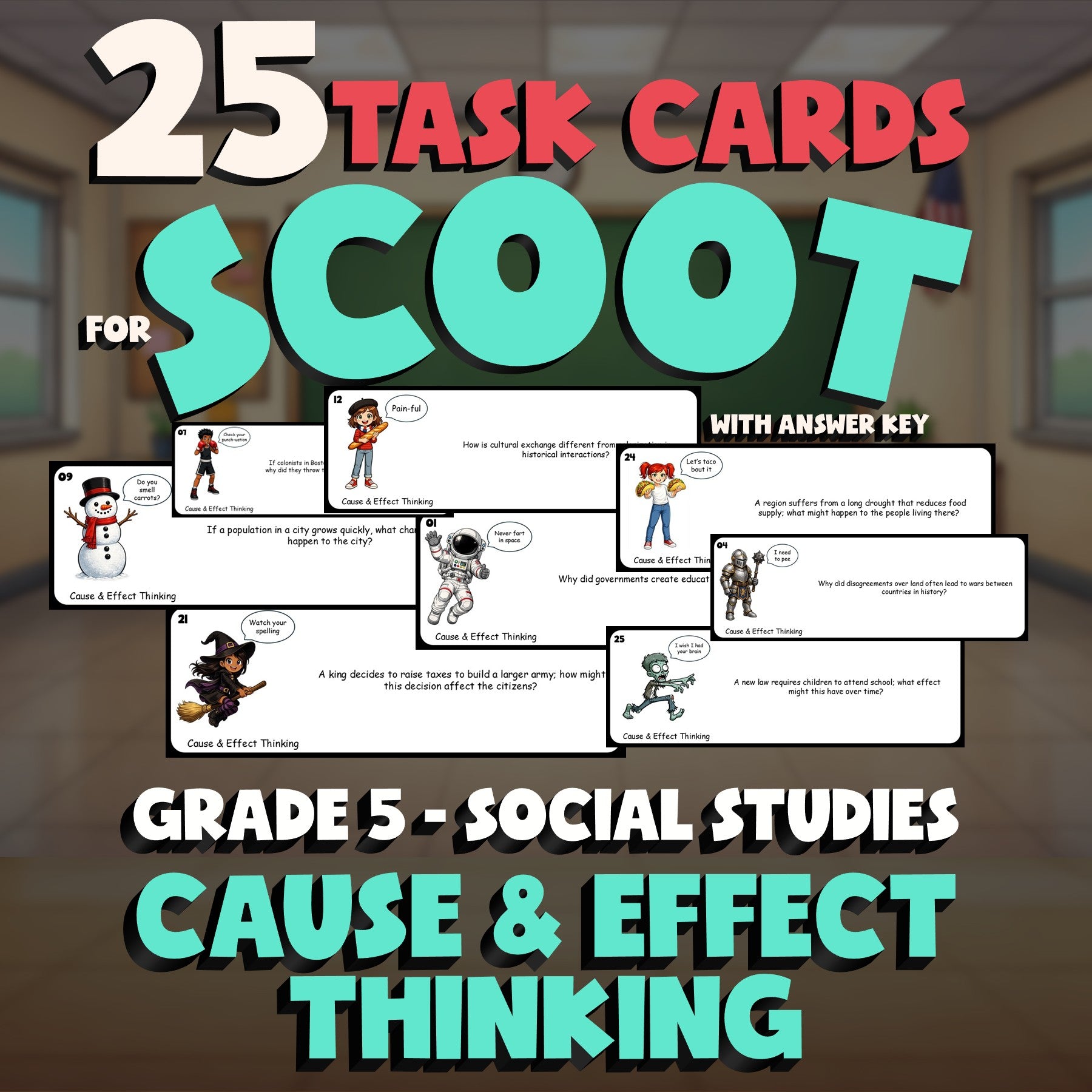 Cause & Effect Thinking SCOOT TASK CARDS Socials Game - No Prep Grade 5 Review