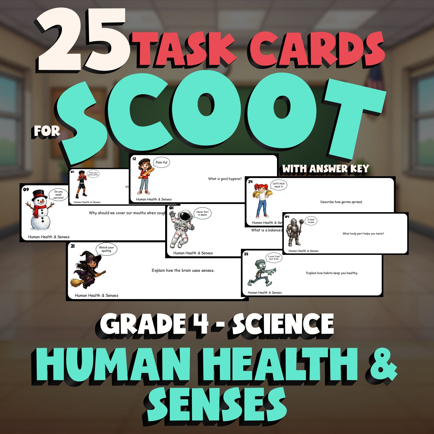 Human Health & Senses SCOOT TASK CARDS Science Game - No Prep Grade 4 Review
