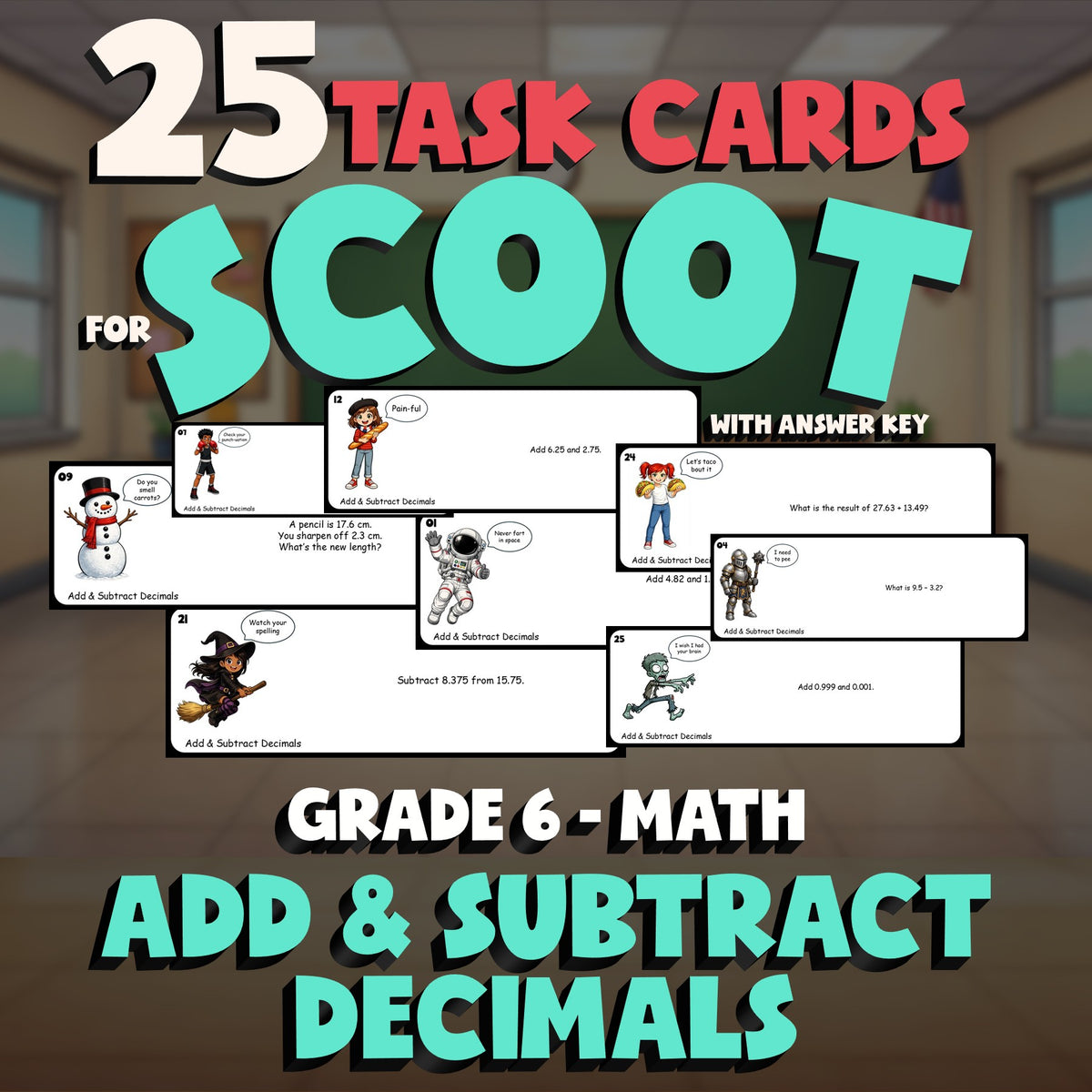 Add & Subtract Decimals SCOOT TASK CARDS Math Game - No Prep Grade 6 Review