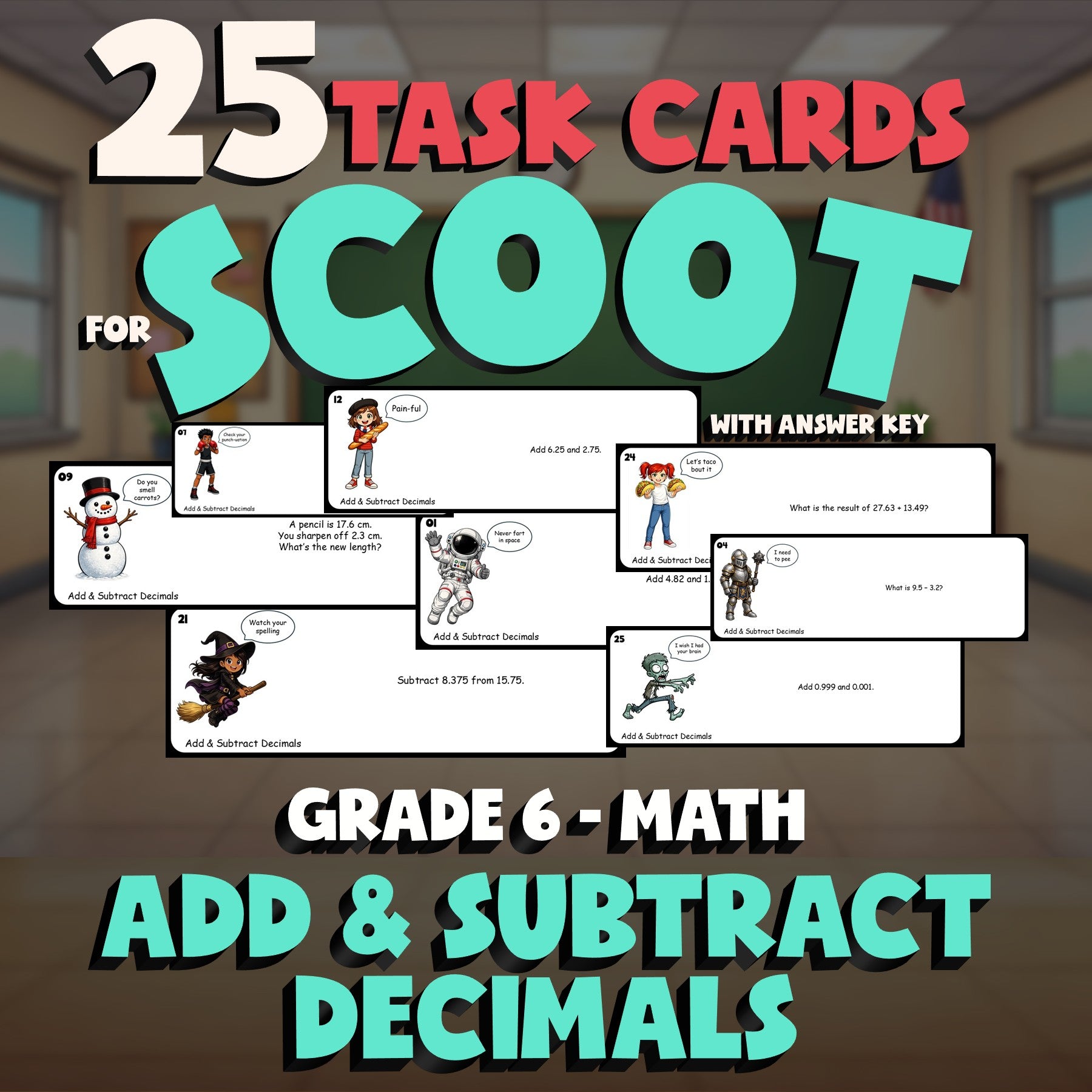Add & Subtract Decimals SCOOT TASK CARDS Math Game - No Prep Grade 6 Review