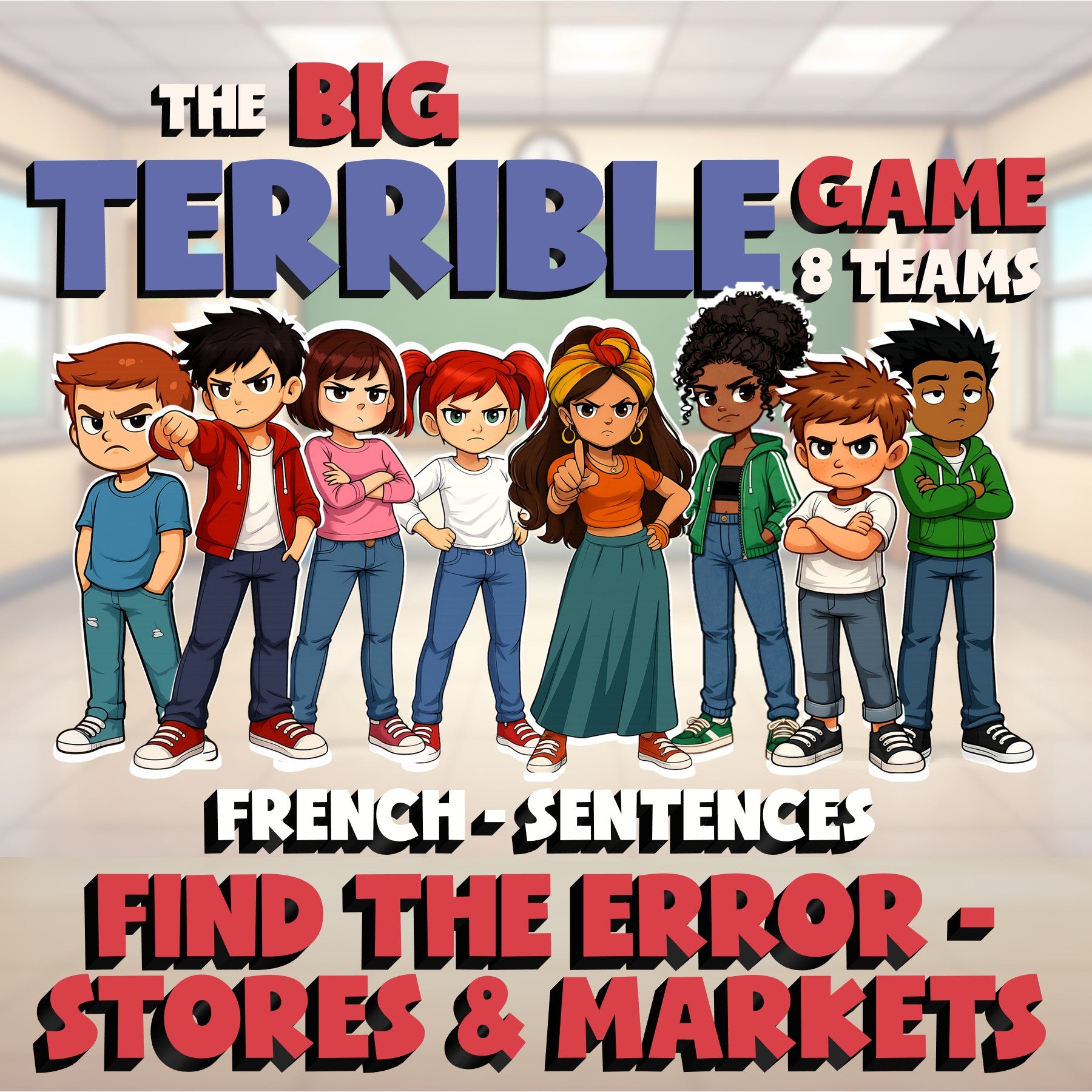 Find the Error - Stores & Markets BIG TERRIBLE GAME - No Prep French Exercise