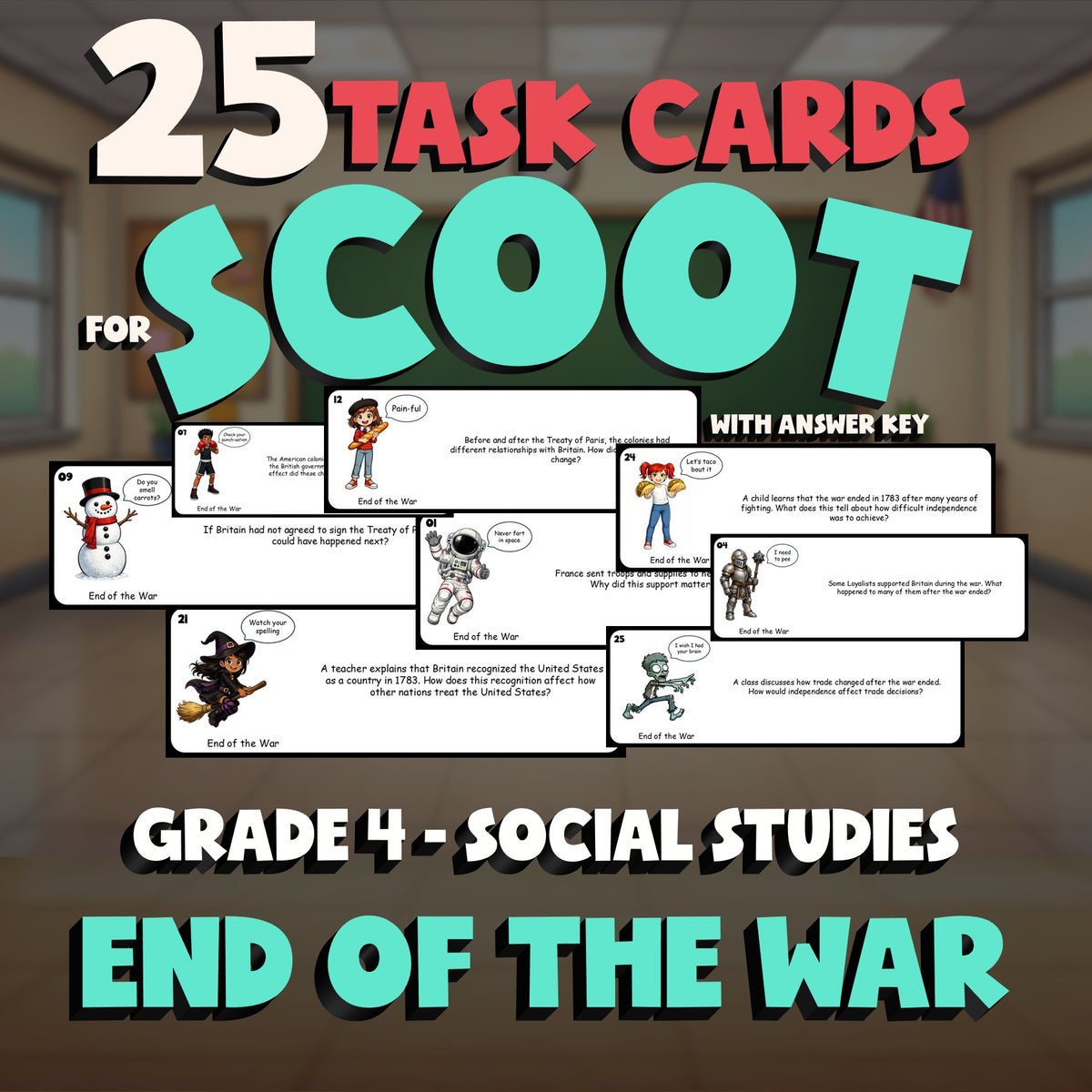 End of the War SCOOT TASK CARDS Socials Game - No Prep Grade 4 Review Activity