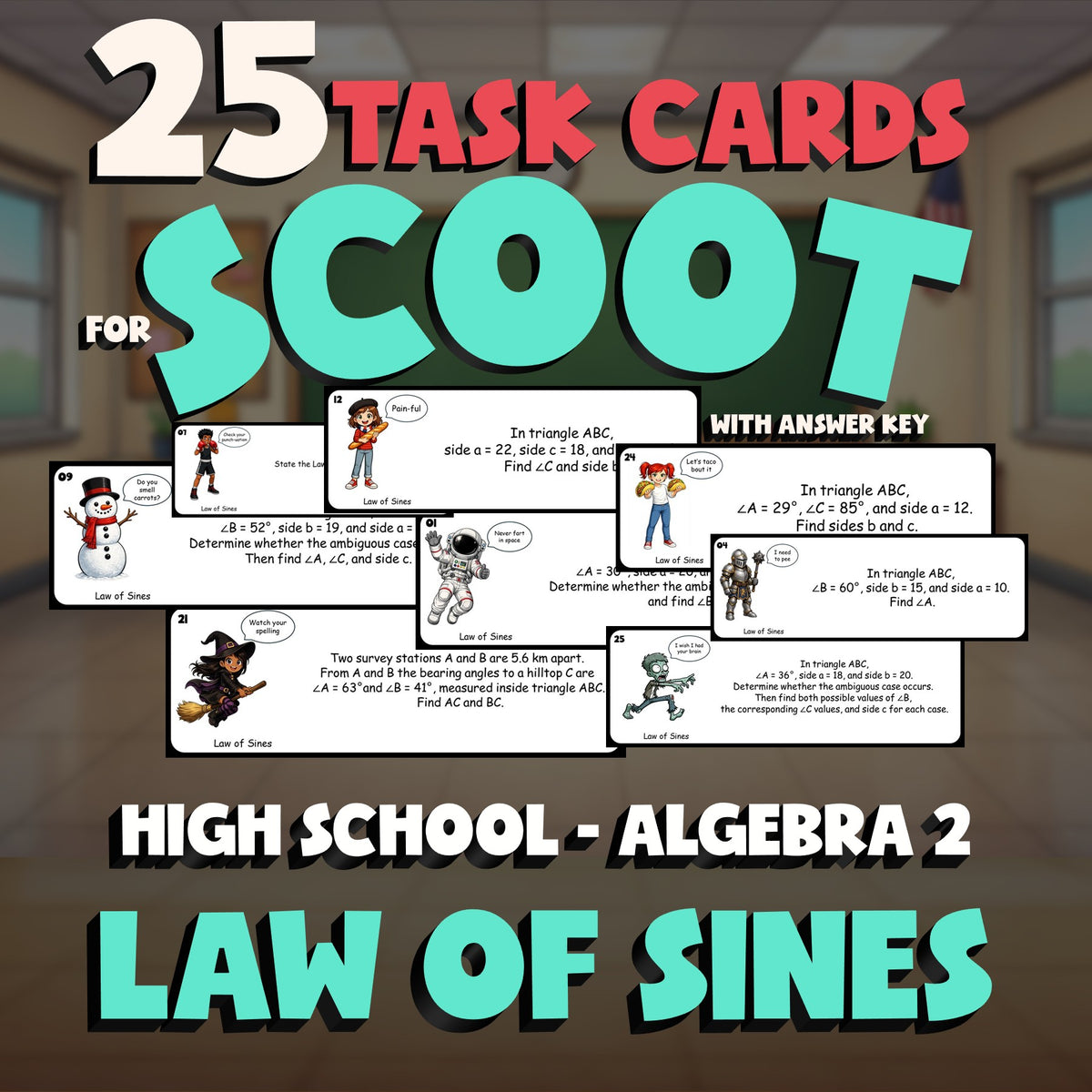 Law of Sines SCOOT TASK CARDS Math Game - No Prep Algebra 2 Review Activity