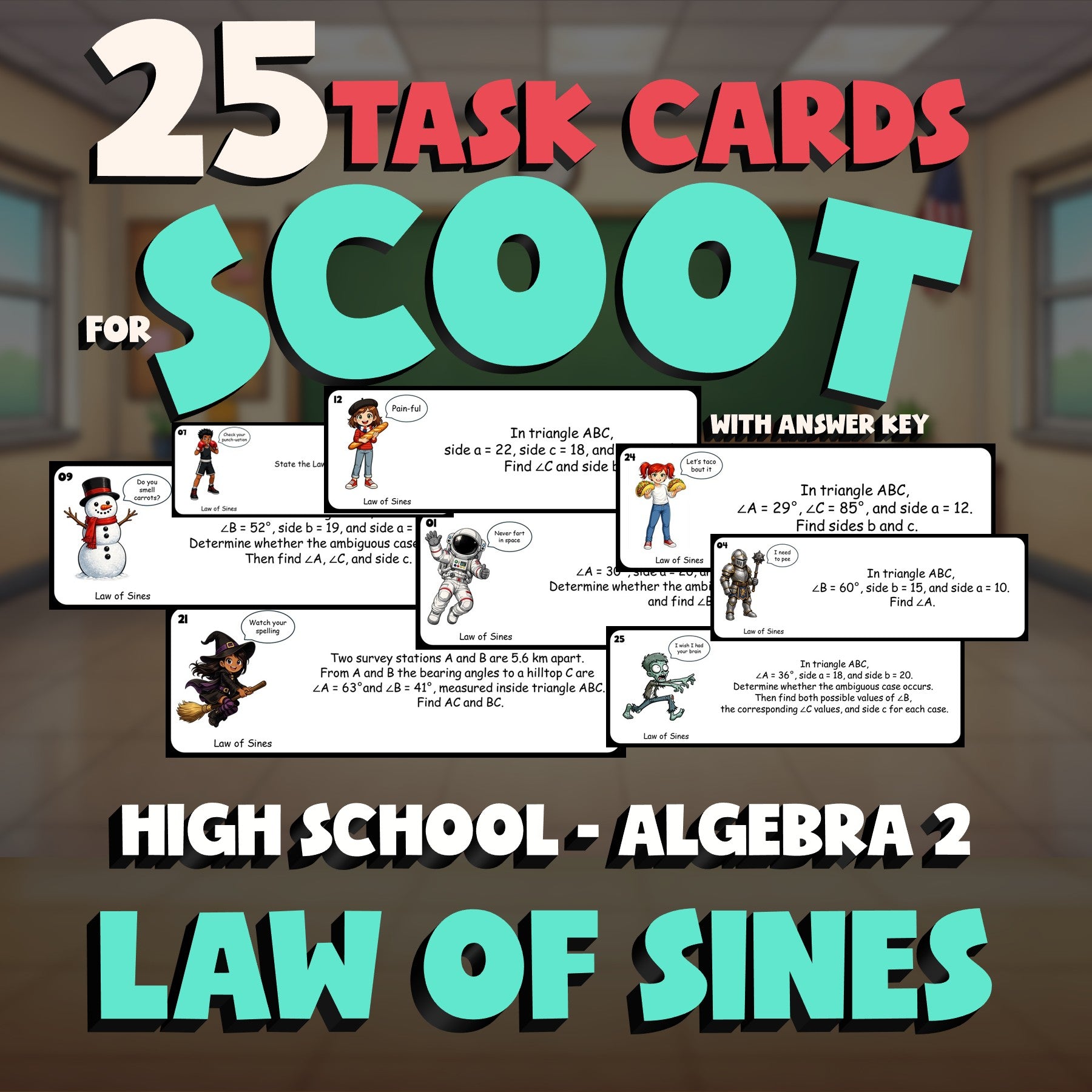 Law of Sines SCOOT TASK CARDS Math Game - No Prep Algebra 2 Review Activity