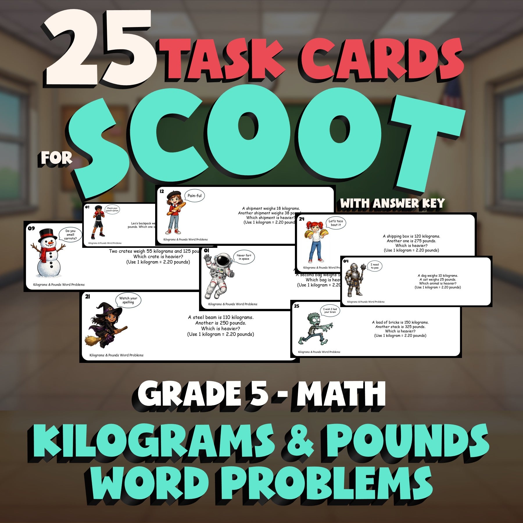 Kilograms & Pounds Word Problems SCOOT TASK CARDS Math Game - No Prep Grade 5
