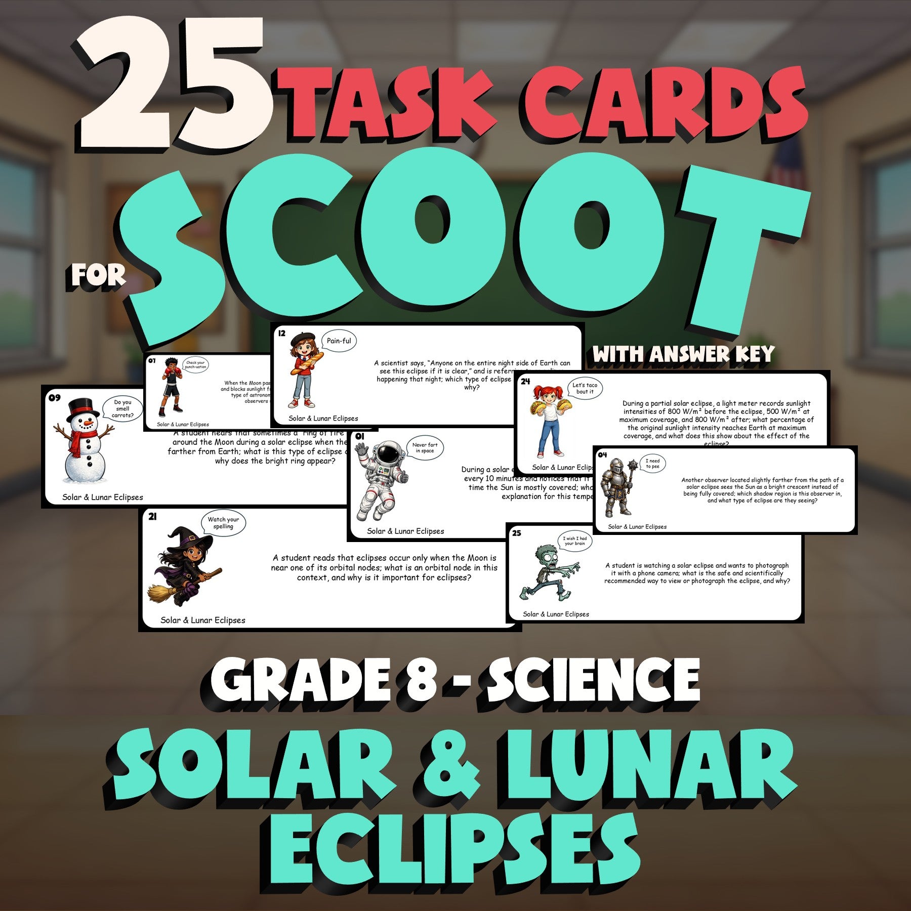 Solar & Lunar Eclipses SCOOT TASK CARDS Science Game - No Prep Grade 8 Review