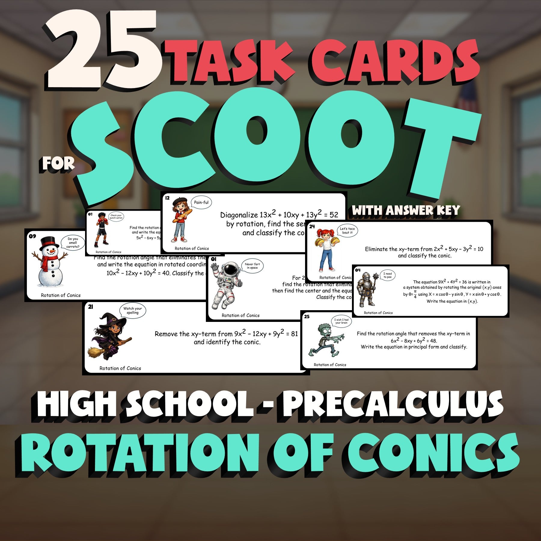 Rotation of Conics SCOOT TASK CARDS Math Game - No Prep PreCalculus Review
