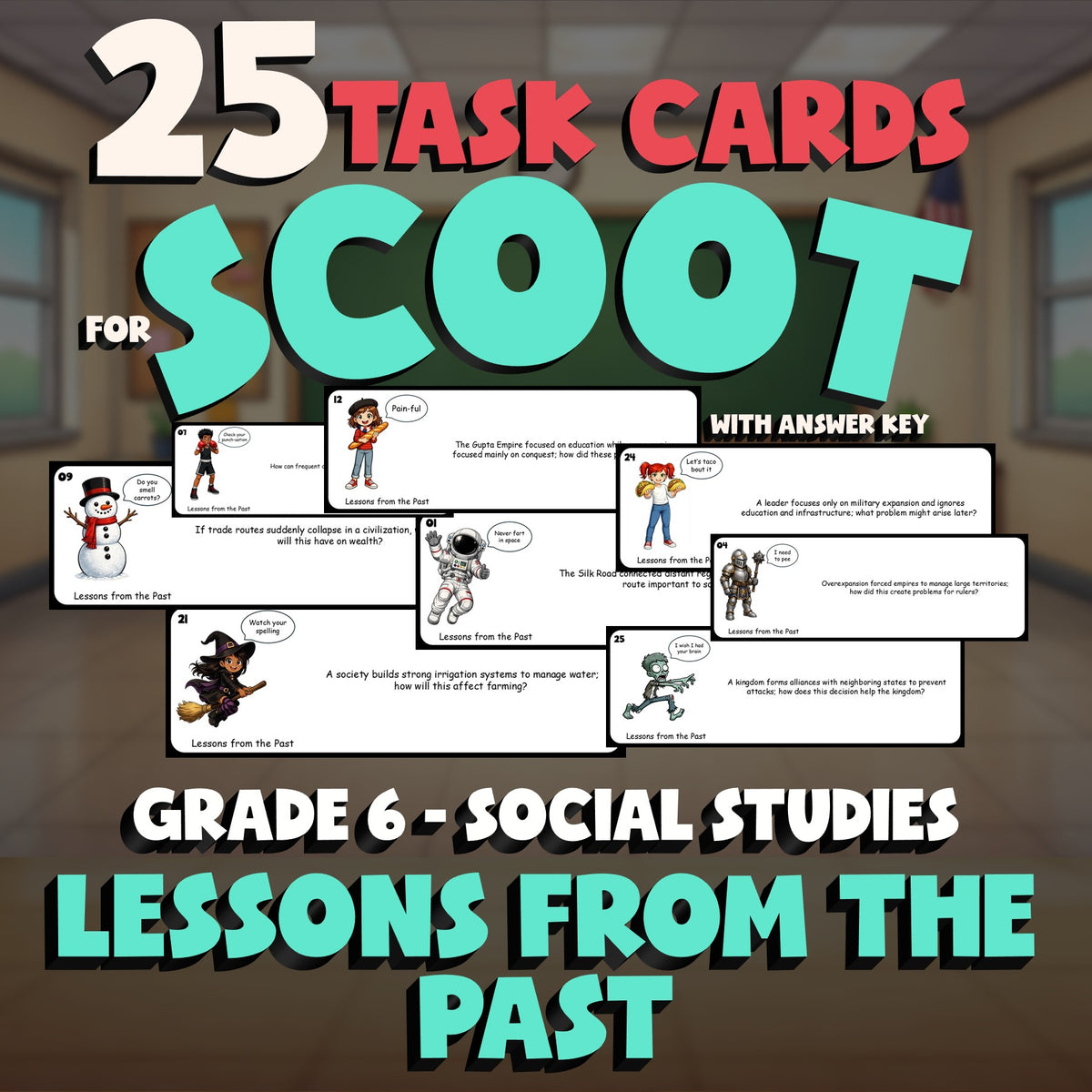 Lessons from the Past SCOOT TASK CARDS Socials Game - No Prep Grade 6 Review