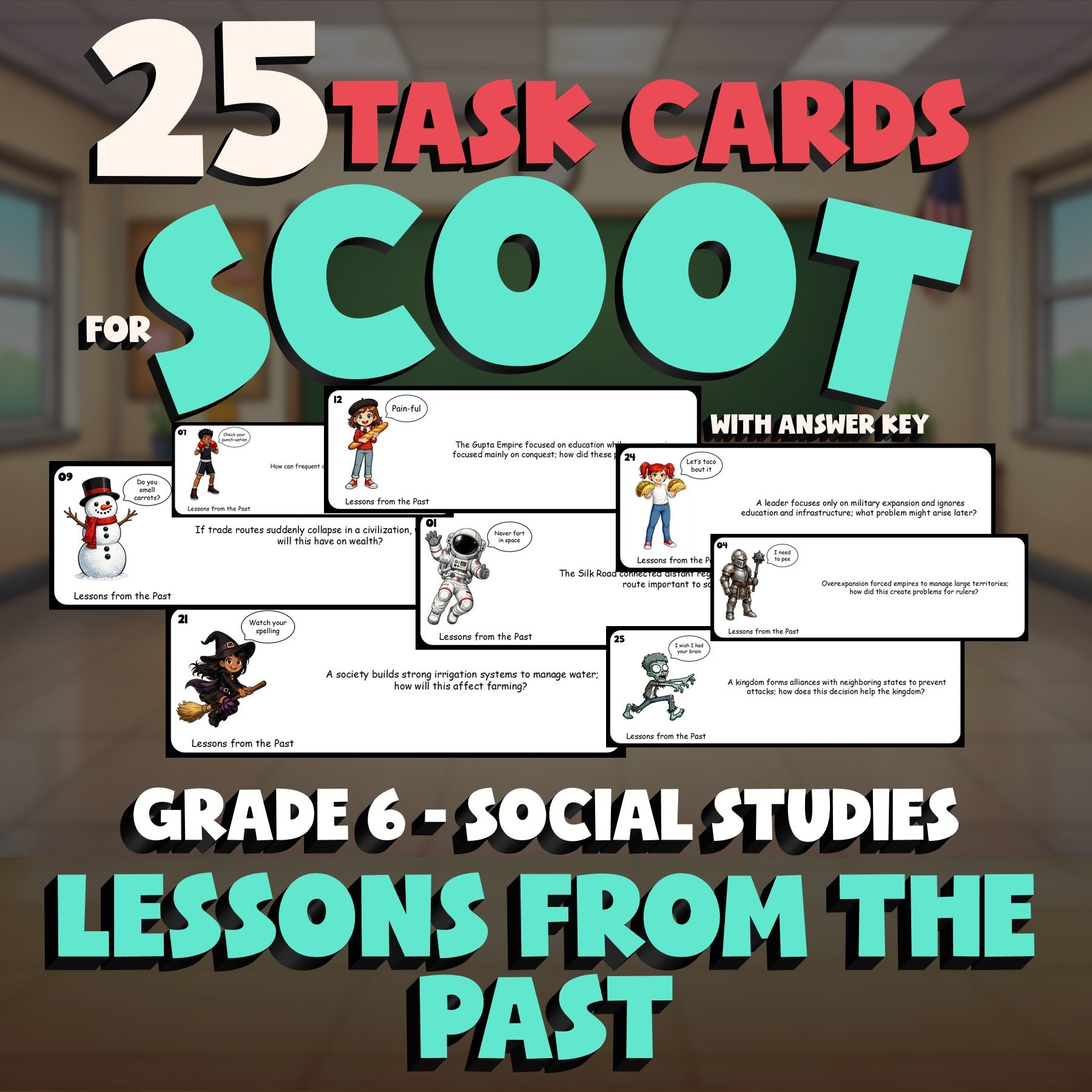 Lessons from the Past SCOOT TASK CARDS Socials Game - No Prep Grade 6 Review
