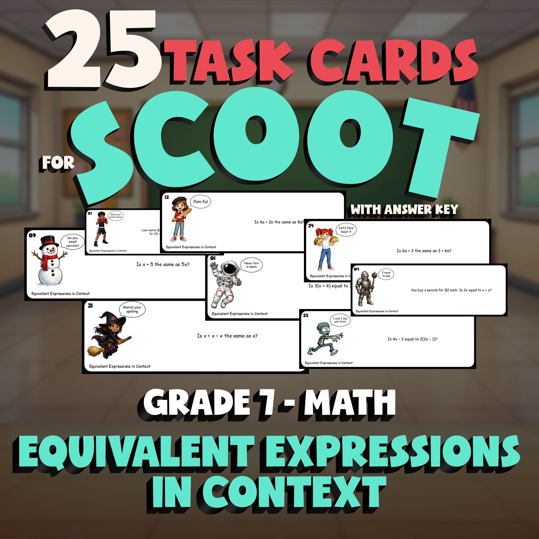 Equivalent Expressions in Context SCOOT TASK CARDS Math Game - No Prep Grade 7