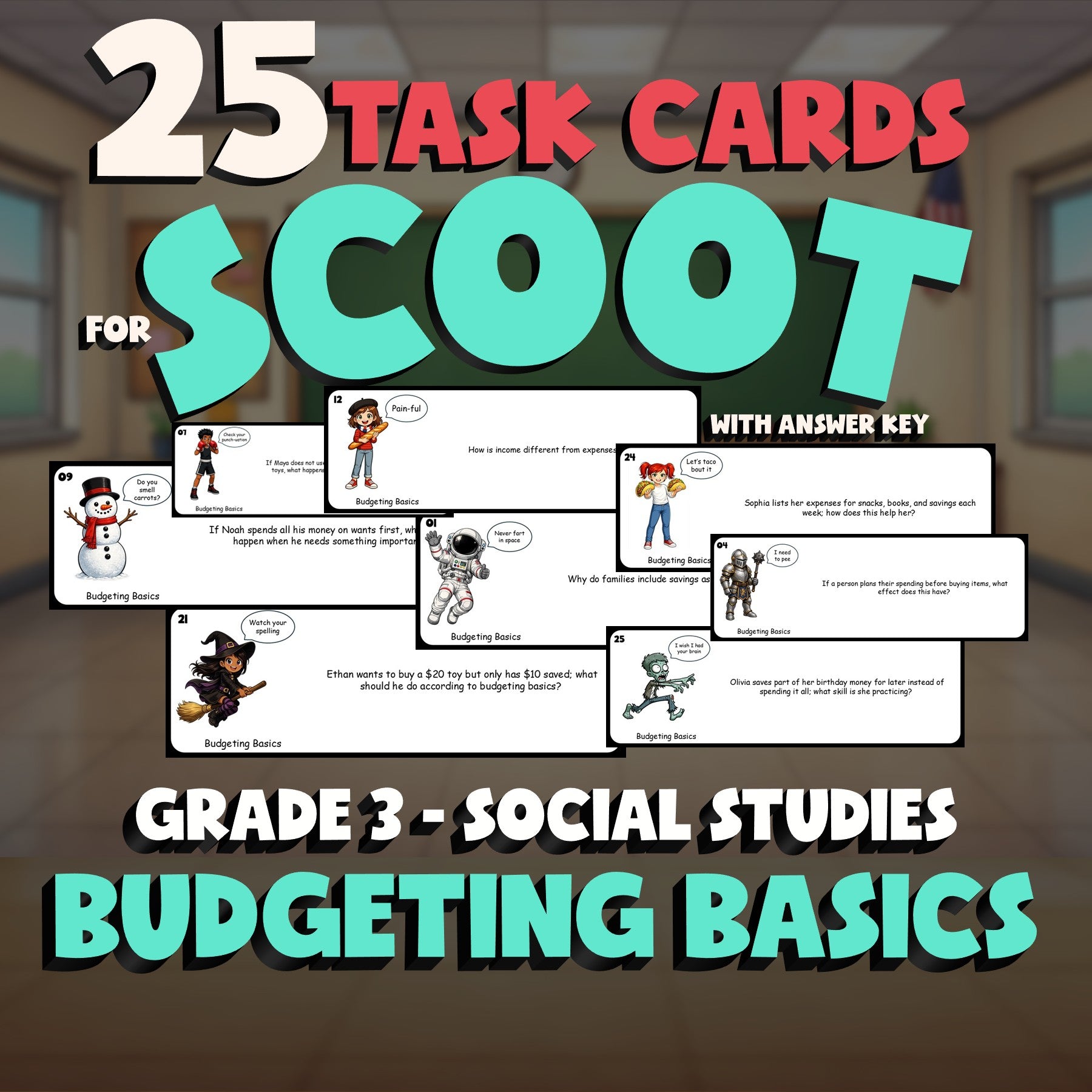 Budgeting Basics SCOOT TASK CARDS Socials Game - No Prep Grade 3 Review Activity