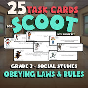 Obeying Laws & Rules SCOOT TASK CARDS Socials Game - No Prep Grade 3 Review