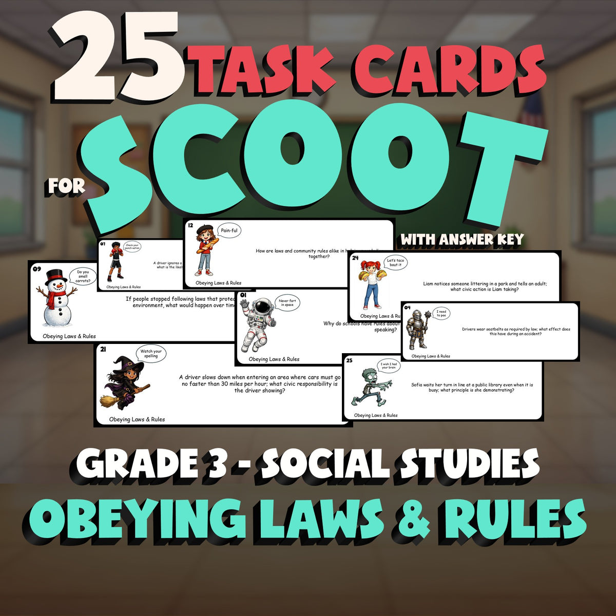 Obeying Laws & Rules SCOOT TASK CARDS Socials Game - No Prep Grade 3 Review