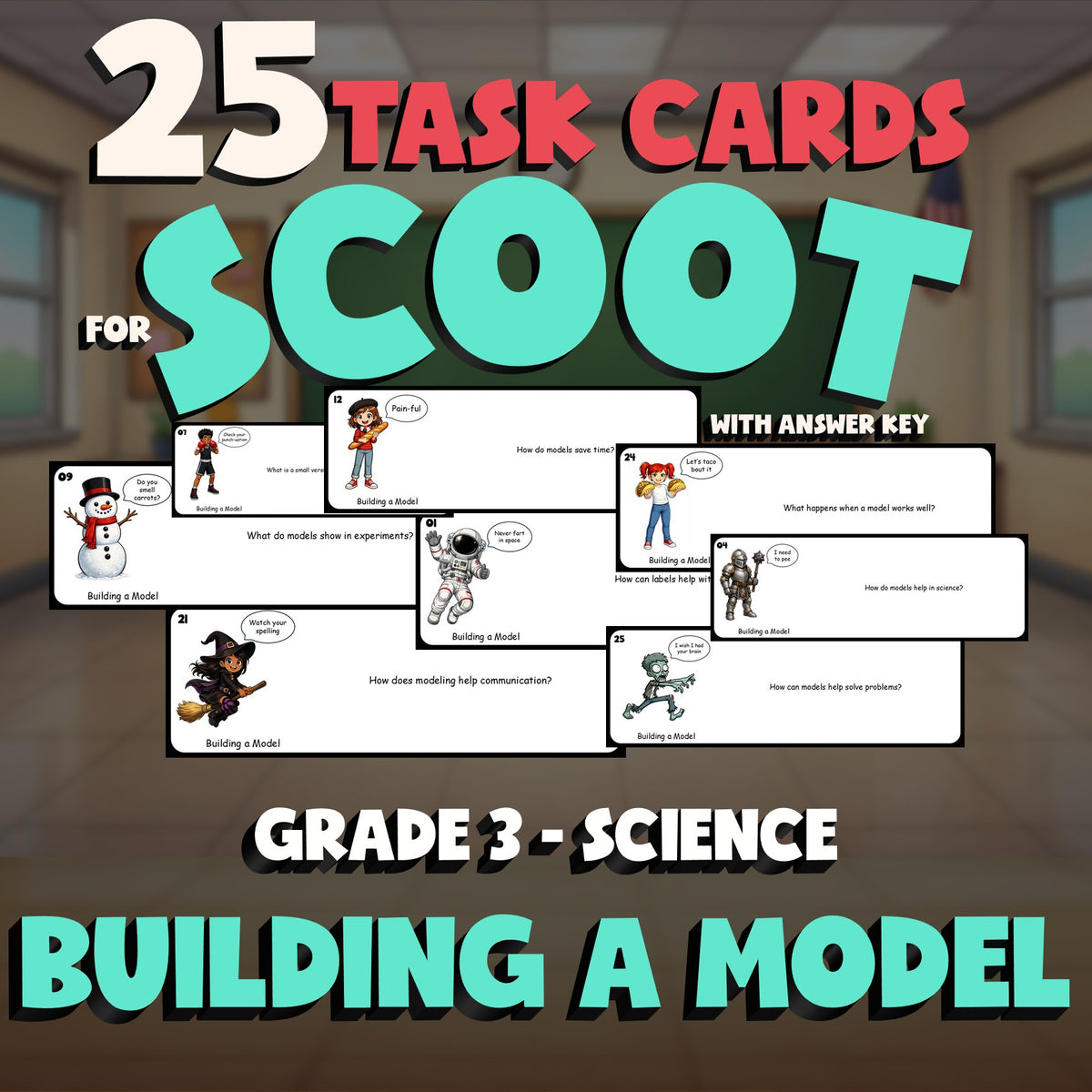 Building a Model SCOOT TASK CARDS Science Game - No Prep Grade 3 Review Activity