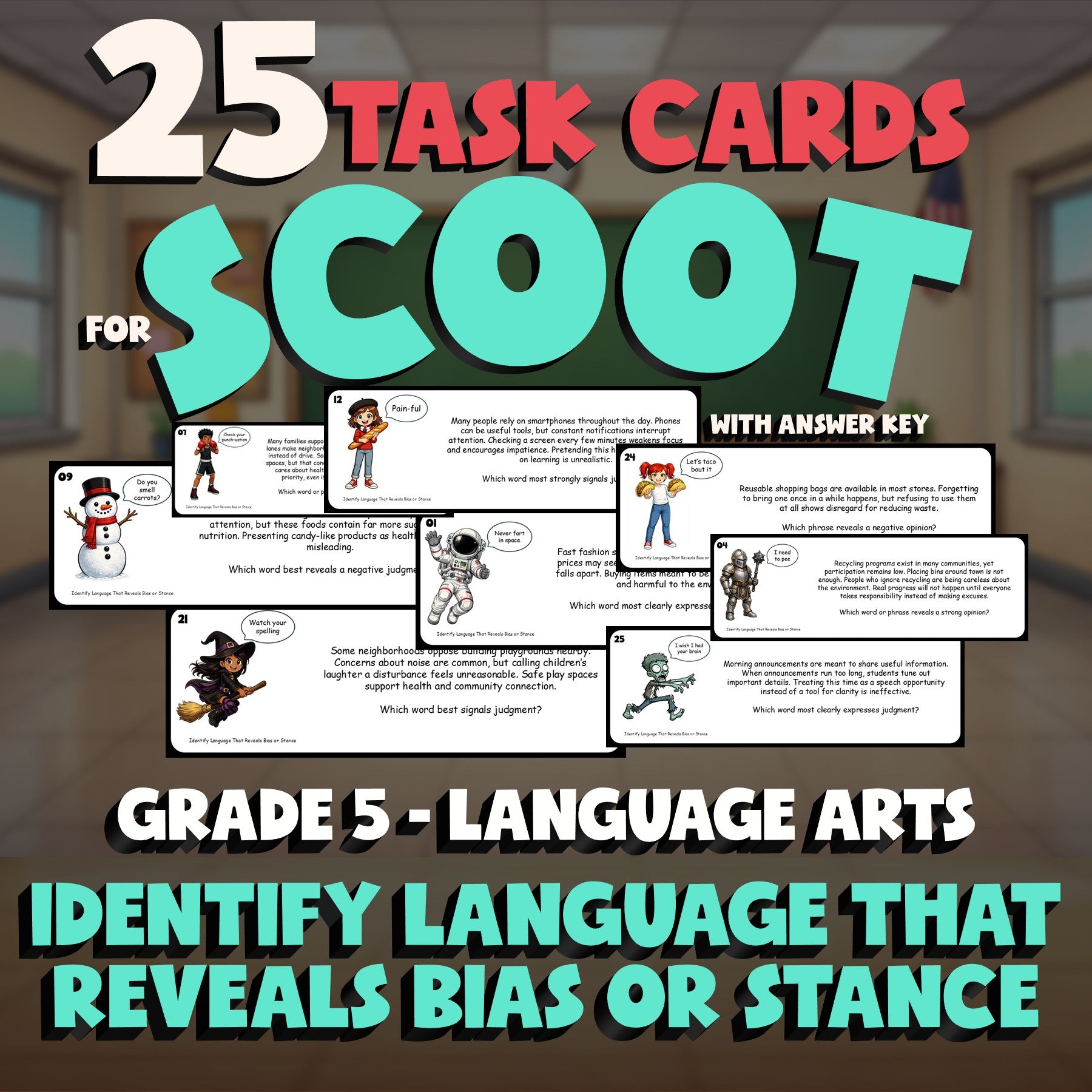 Identify Language That Reveals Bias or Stance SCOOT TASK CARDS ELA Game Grade 5