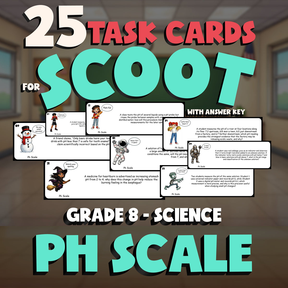 Ph Scale SCOOT TASK CARDS Science Game - No Prep Grade 8 Review Activity
