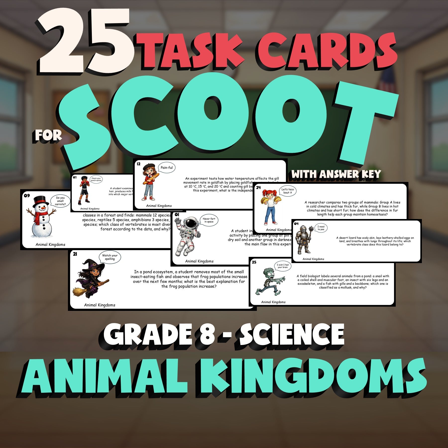 Animal Kingdoms SCOOT TASK CARDS Science Game - No Prep Grade 8 Review Activity