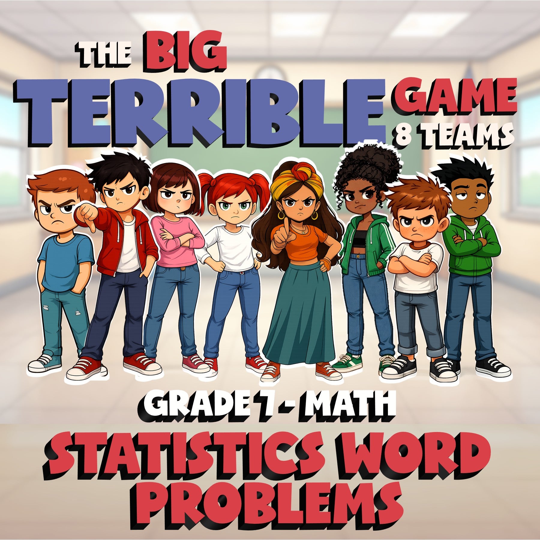 Statistics Word Problems BIG TERRIBLE GAME - No Prep Grade 7 Math Review
