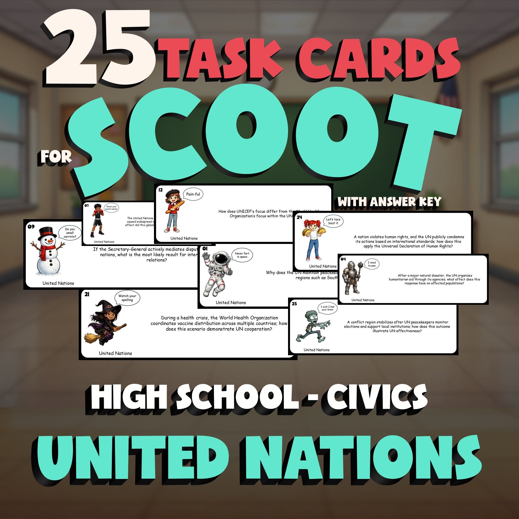 United Nations SCOOT TASK CARDS Civics Game - No Prep Review Activity